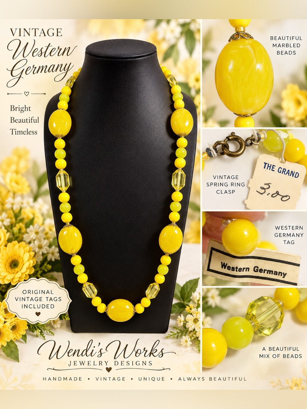 Vintage Western Germany Yellow Beaded Necklace Mid Century Statement Jewelry